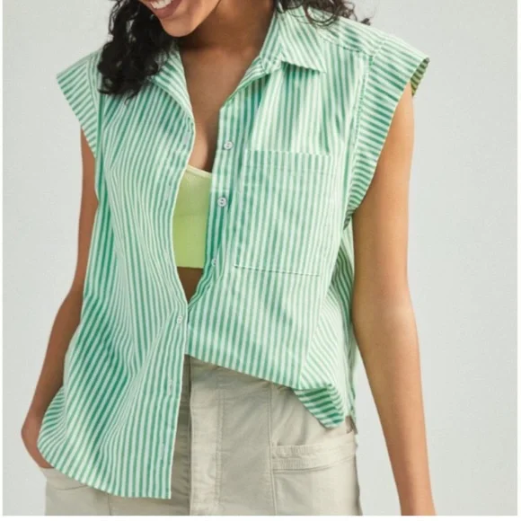 Anthropologie Maeve Clarise Blouse in Green White Stripe - Picture 1 of 7